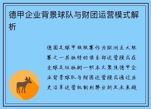 德甲企业背景球队与财团运营模式解析