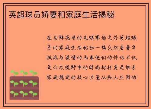 英超球员娇妻和家庭生活揭秘